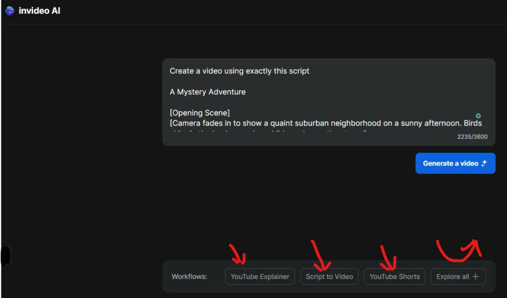 InVideo Guide, how to select different options to create text to video